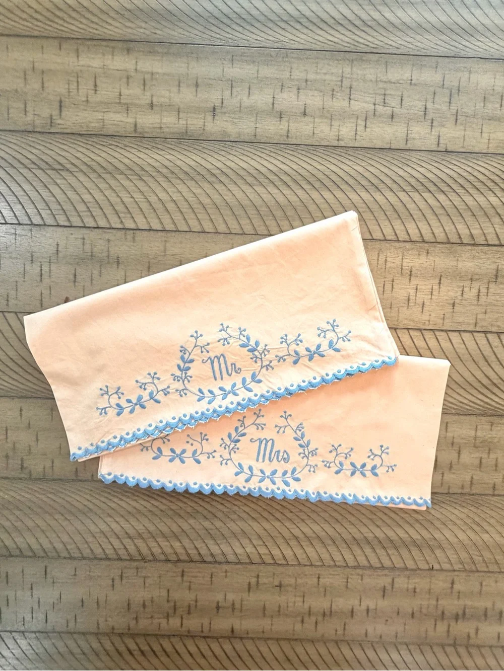 Vintage 1950’s Hand Embroidered Mr. & Mrs. Peach pillow Cases with Blue Trim